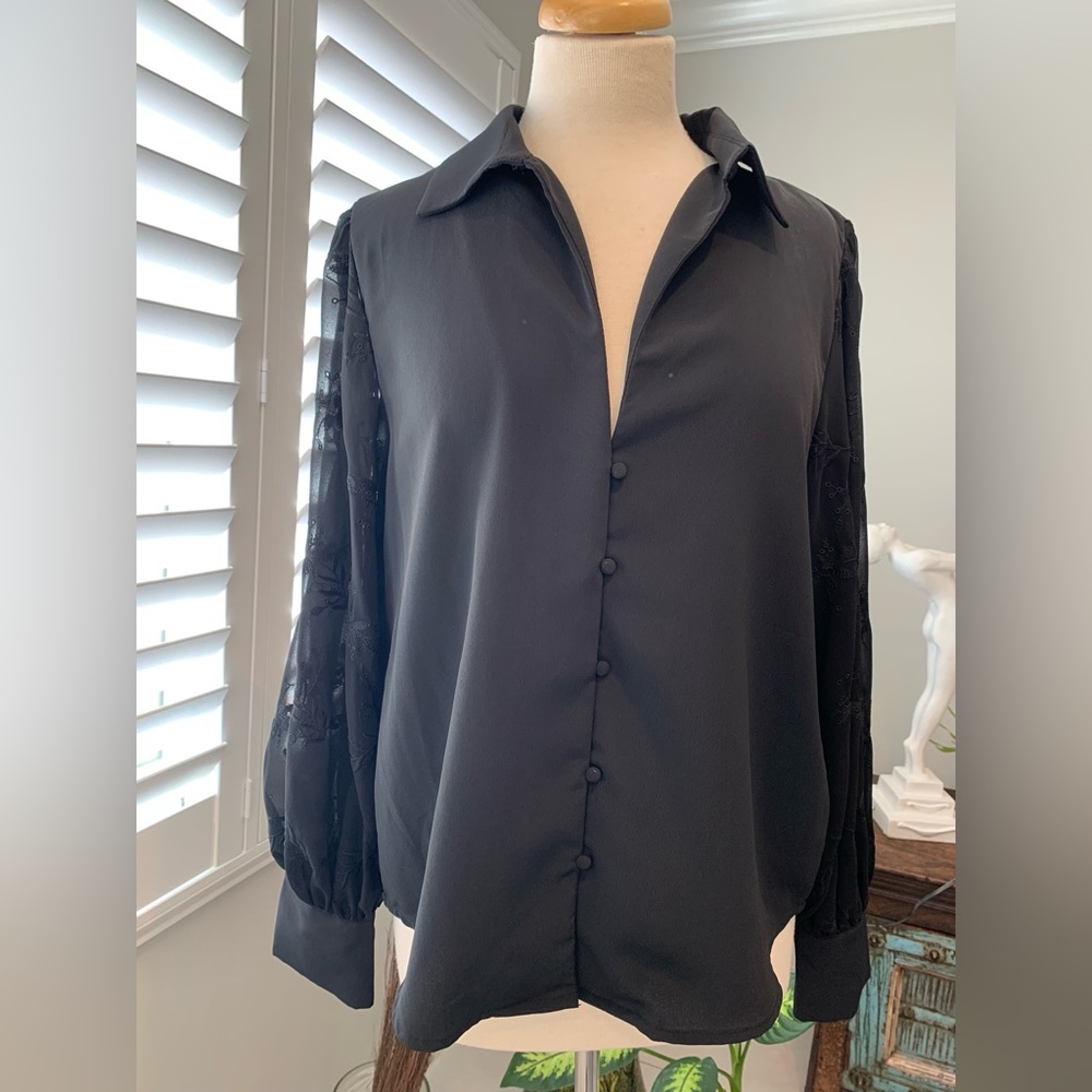 Sale last Chance Elegant Black Soft Surrounding Button-Up Blouse
